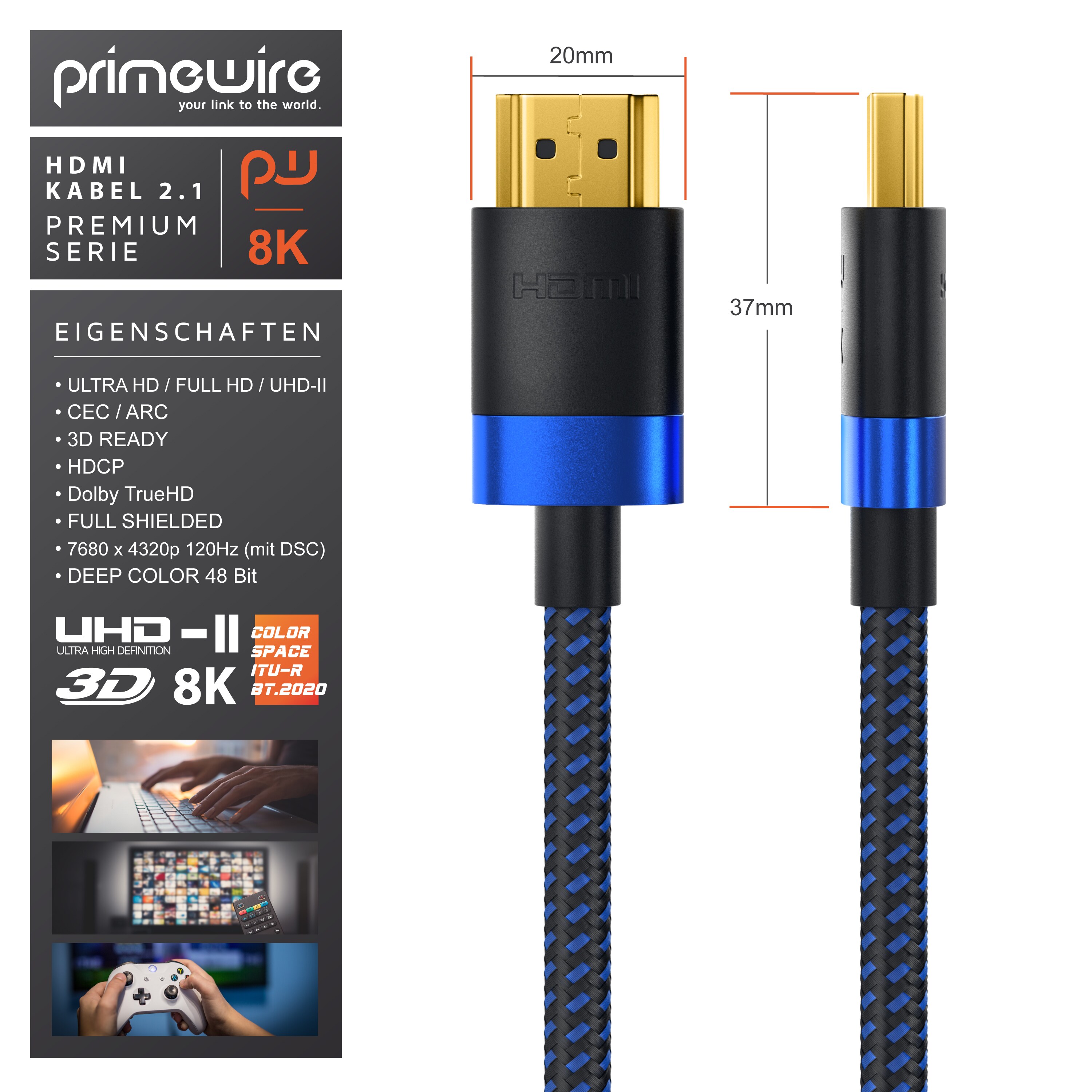Primewire - 0,25m High Speed 8K HDMI Kabel 2.1 Ethernet ARC 3D 4K Ultra HD 7680x4320 @ 120 Hz PS4 360 TV OLED PC Laptop Beamer Monitor - Schwarz/Blau