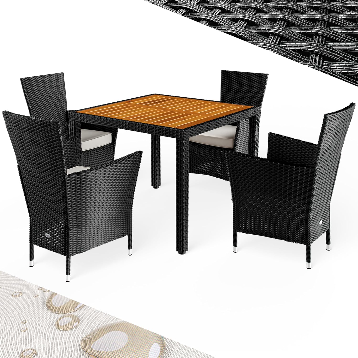 Casaria® Gartenmöbel Set Holz Balkon Wetterfest 4 Personen Polyrattan Akazie Outdoor 7cm Auflagen Stapelbar Gartenstühle Gartentisch Garten Terrasse Möbel