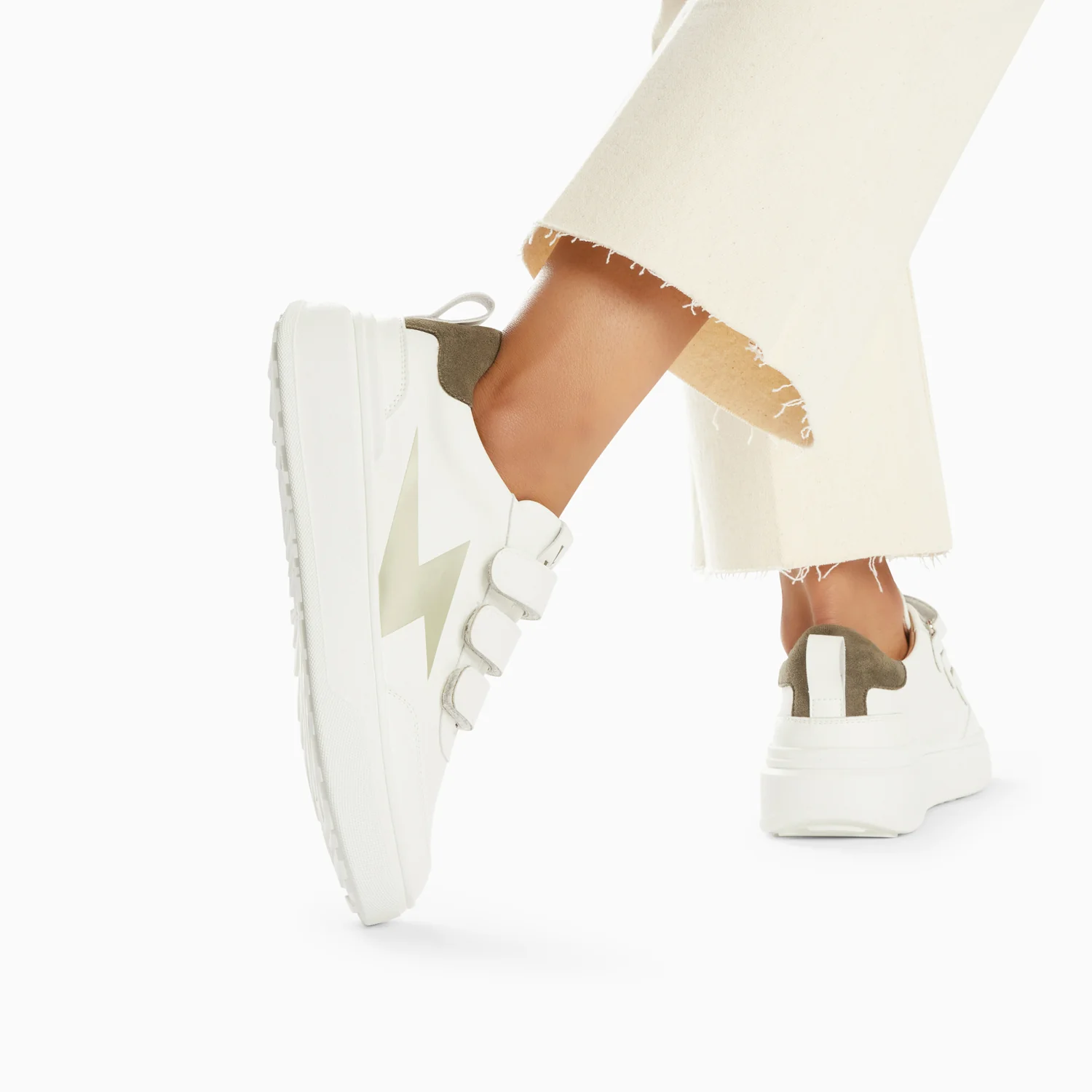 Sneakers-Baskets éclair Lison blanc et kaki à scratchs