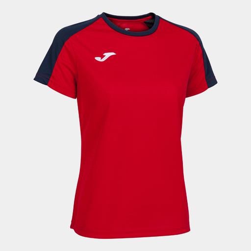 Camiseta Joma Eco Championship de manga curta, azul marinho e vermelha.