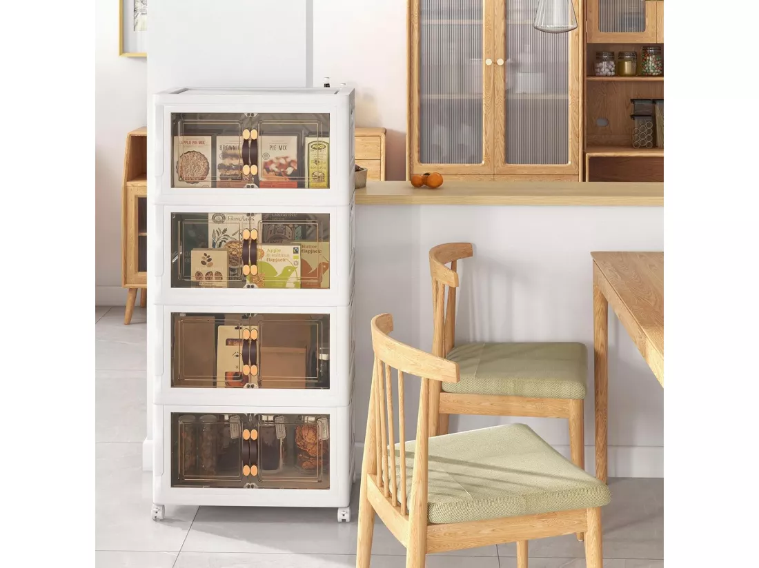 Boîte Rangement Plastique 165L, 4 Caisses de Rangement Pliables avec 4 Roulettes et Couvercles, Boite Empilable pour Vêtement, Livres, Jouets, Caisse pour Chambre, Salon, Cuisine (165L)