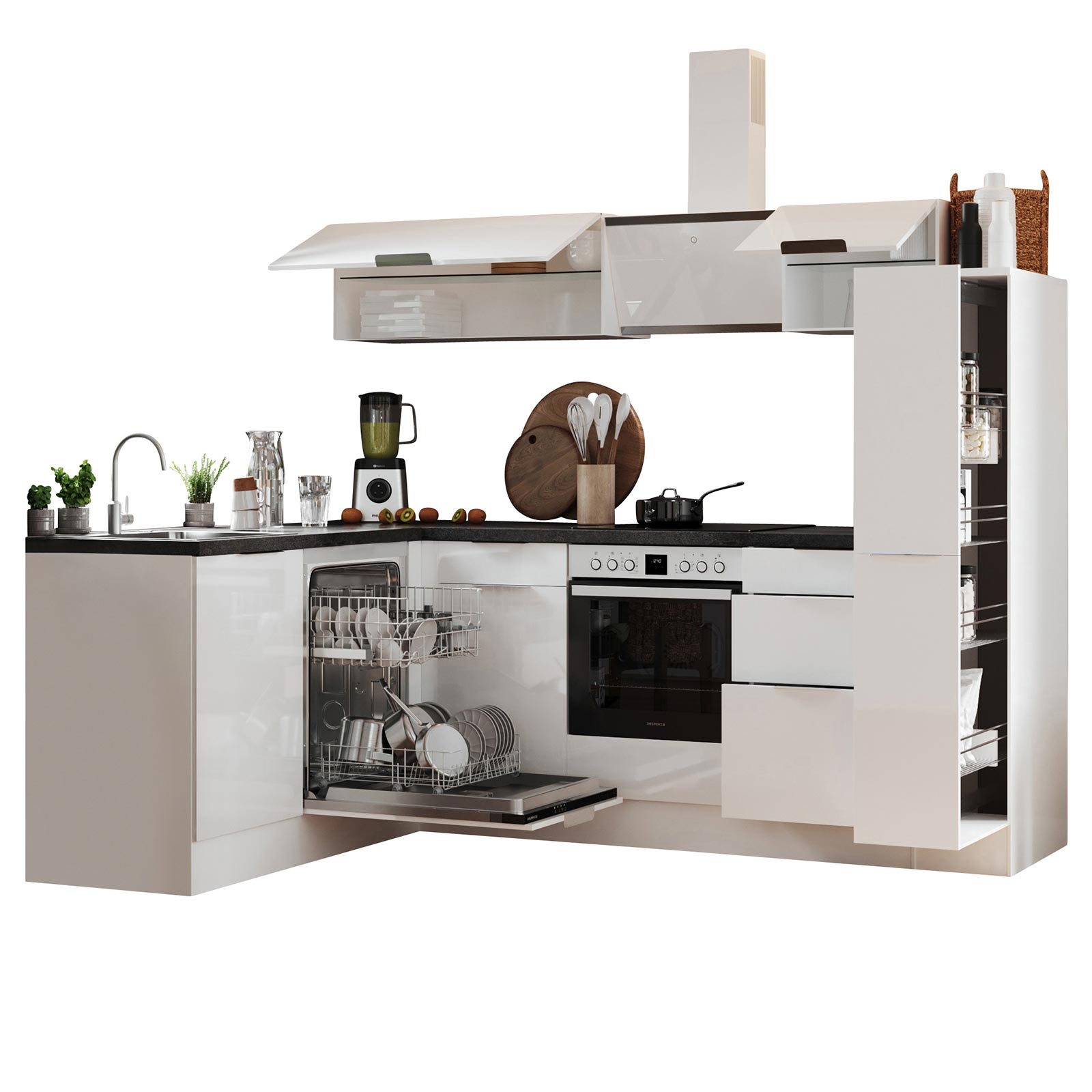 RESPEKTA Winkelküche - weiß Hochglanz - weiß matt - mit E-Geräten - 250x175 cm