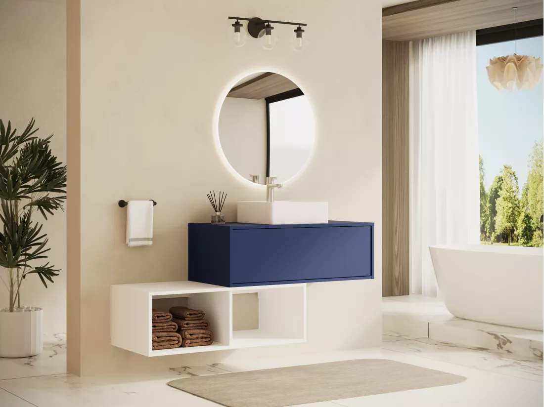 Meuble de salle de bain suspendu avec vasque carrée - 1 tiroir bleu et 2 niches blanches - 94 cm - TEANA II