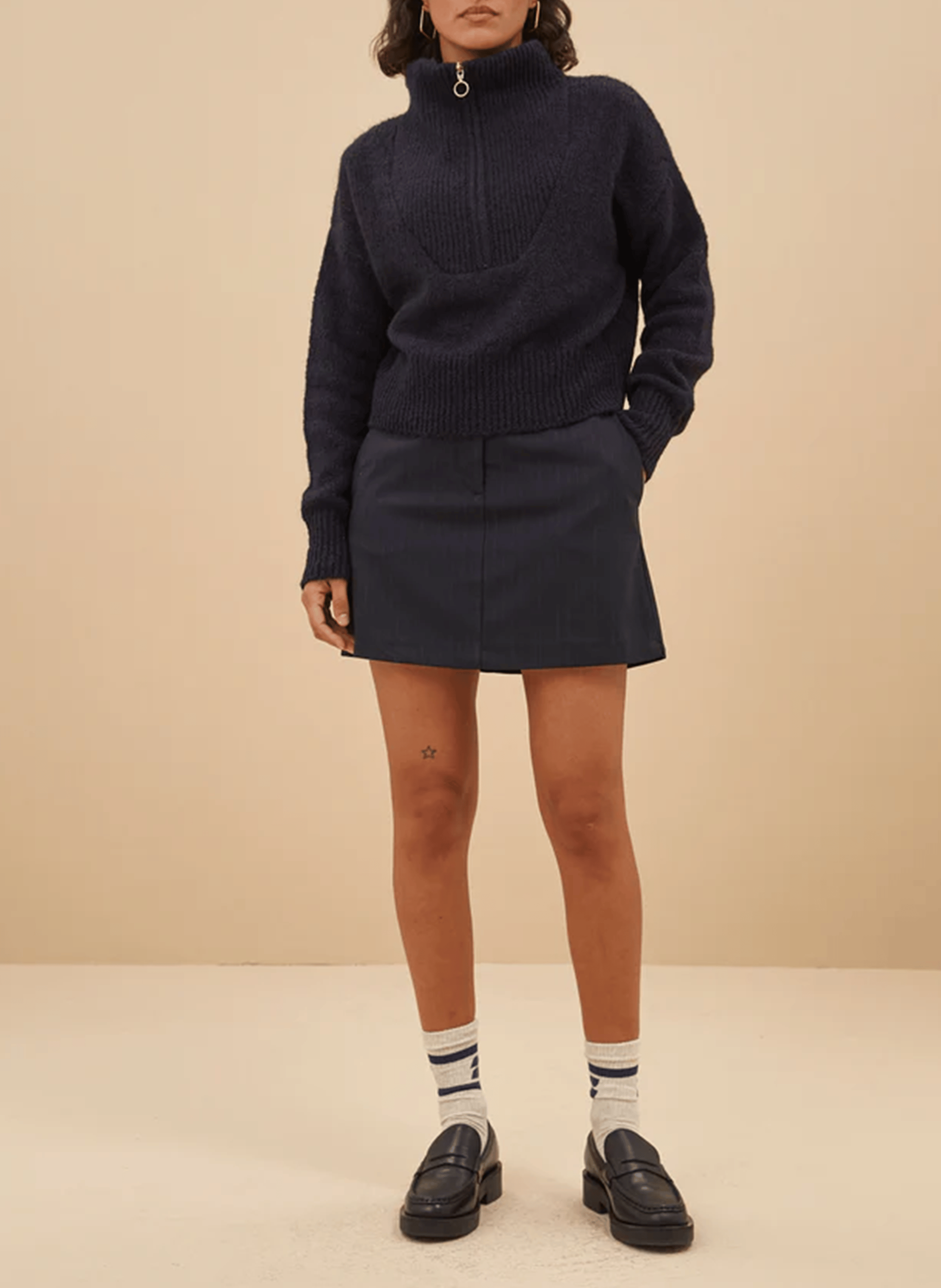 BOXY BEAU - Pull col montant en laine mélangée | Bleu