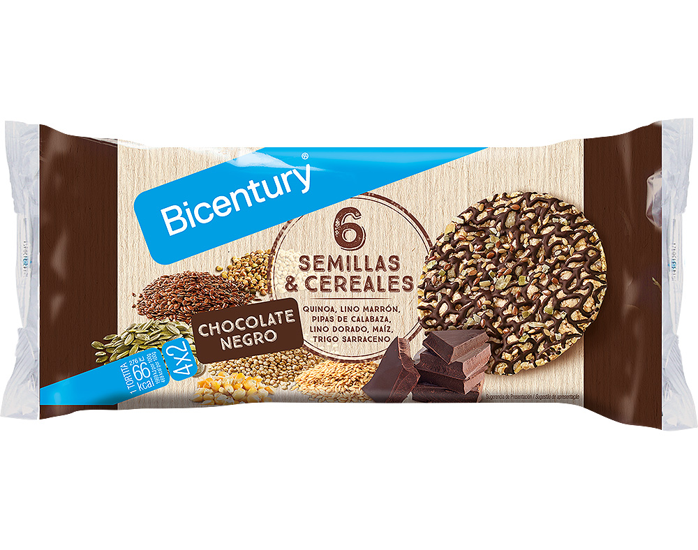 TORTITAS BICENTURY ARROZ 6 SEMENTES E CEREAIS COM CHOCOLATE PRETO 112G