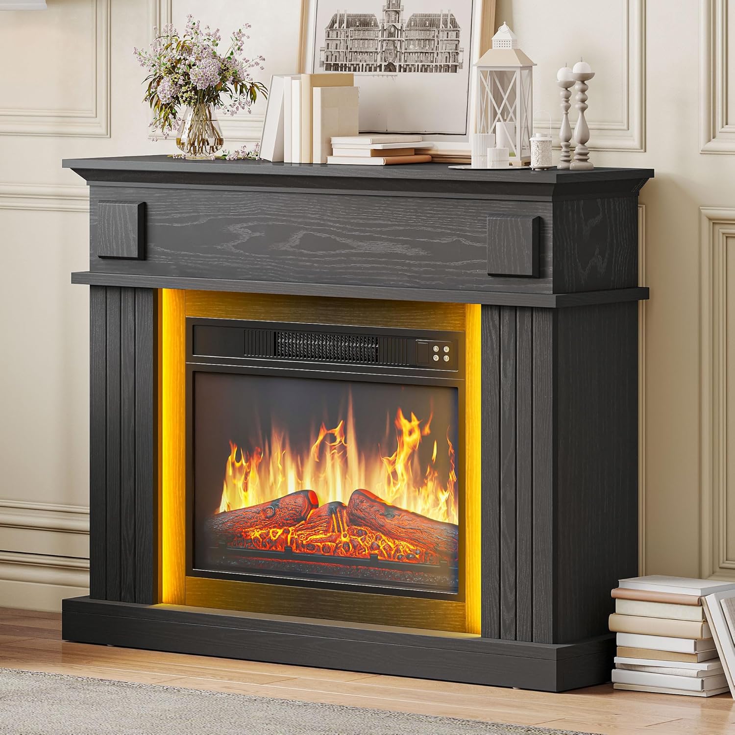YITAHOME Elektrokamin, 23inch Realistischer 3D Flammeneffekt Erwärmungsfreistehender Elektrischer Kamin mit Timer und 24-Farb-LED-Lichtband und Fernbedienung