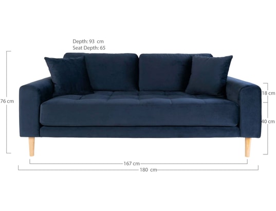 HOUSE NORDIC - Canapé tissu Lido 2,5 places velours bleu (180x93x76)