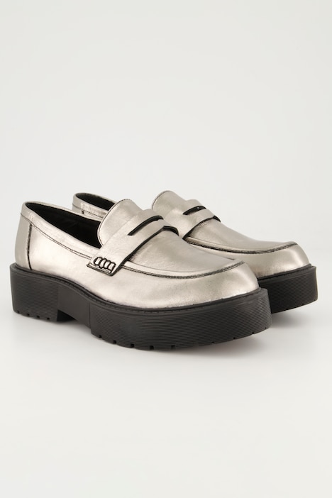 Leder-Loafer, Echtleder in Silber, Plateausohle