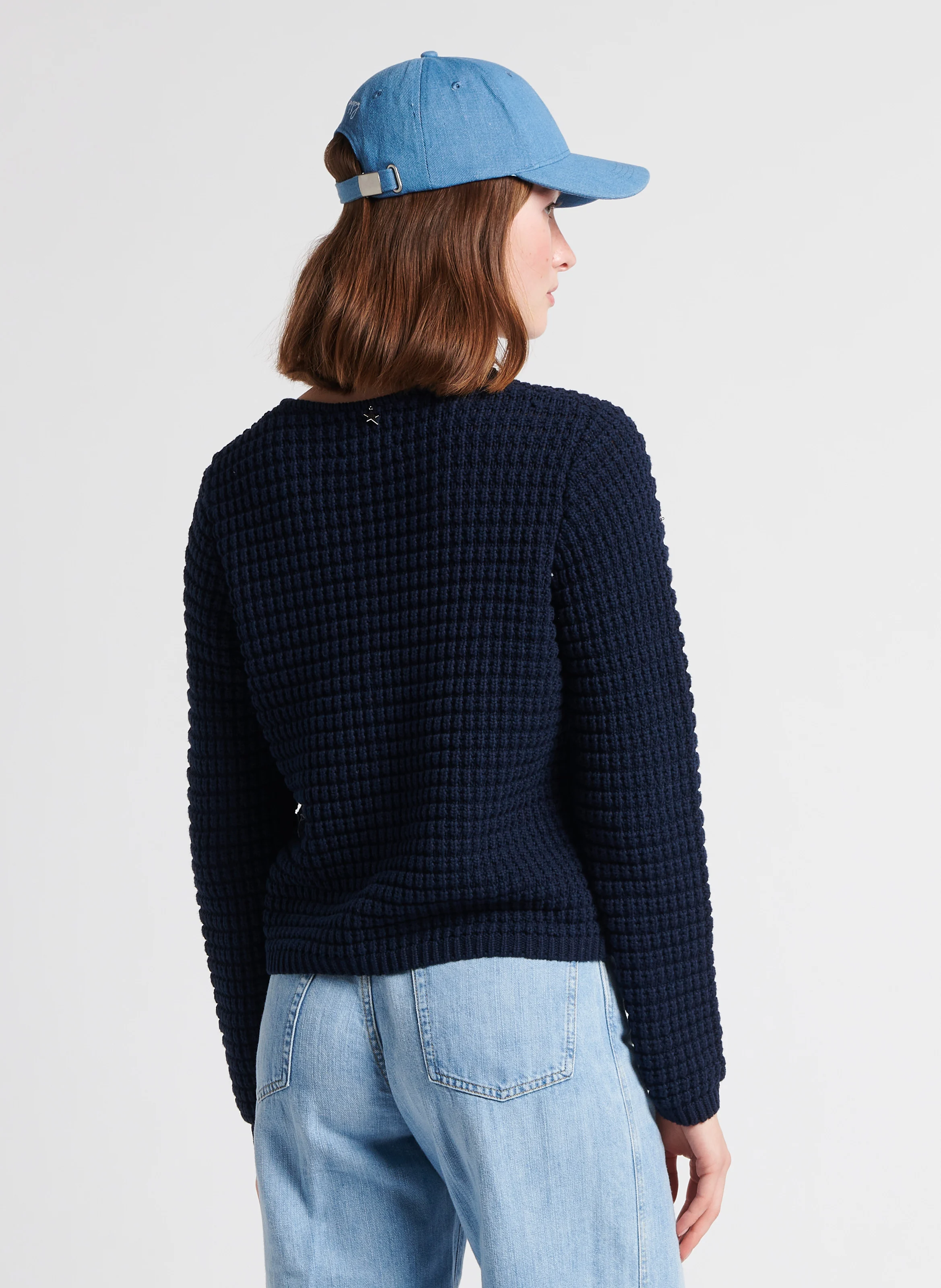 GILARY - Gilet droit à boutons bijoux en coton mélangé | Bleu