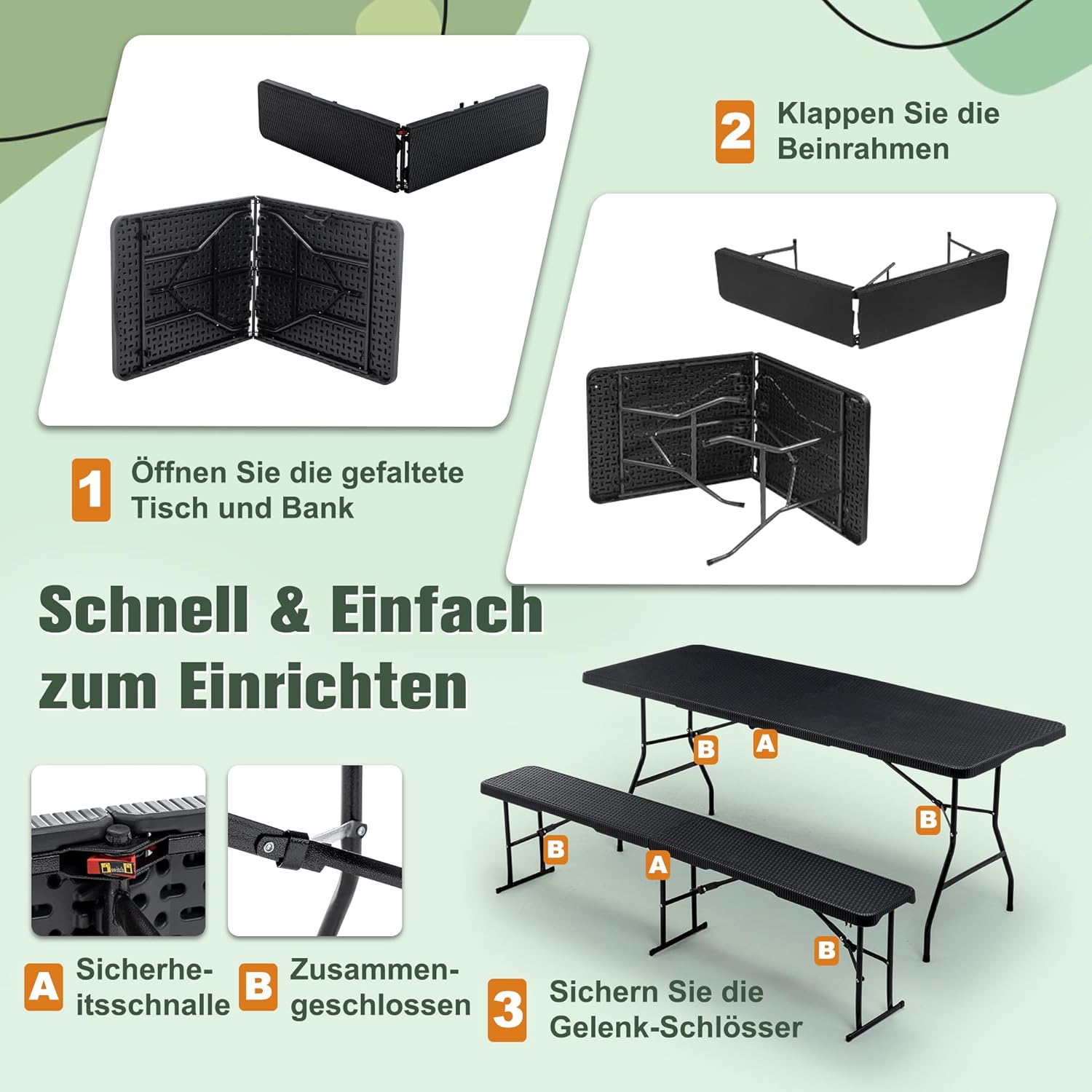 Buffettisch Gartentisch Bierzeltgarnitur Tisch, klappbar 3-teilig Set, 180x70 cm Kunststoff Campingtisch, Rattan-Look für bis zu 8 Personen, robuste wetterfest Biertisch Set, Anthrazit