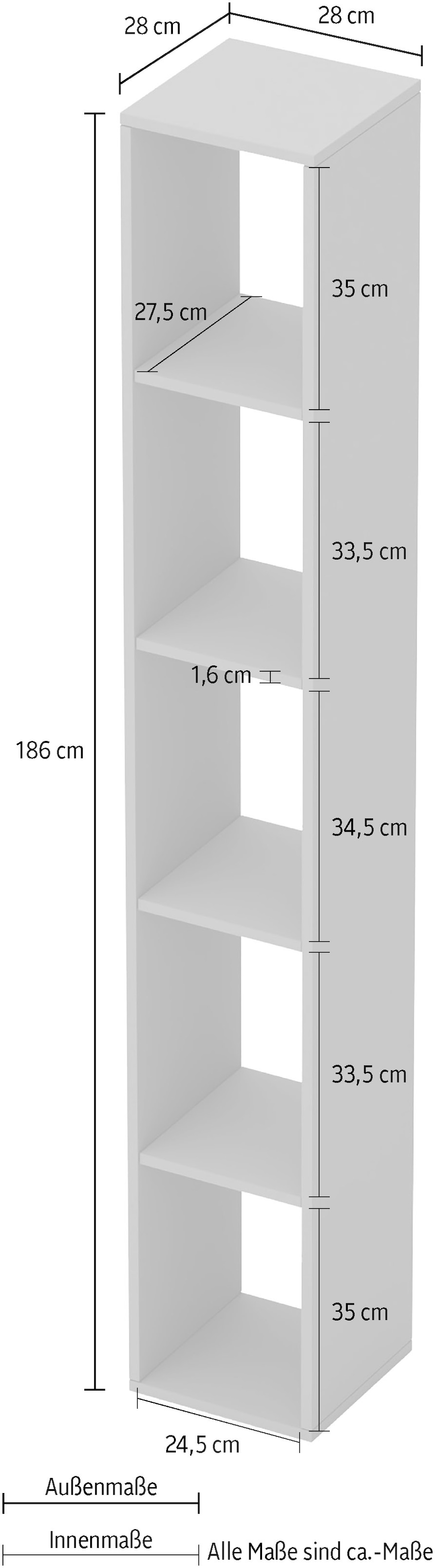 Home affaire Standregal »Infinity Höhe 186 cm, Breite 28 cm, Bücherregal,« Deko Regal, Büroregal, 5 Regalfächer, verschiedene Farben