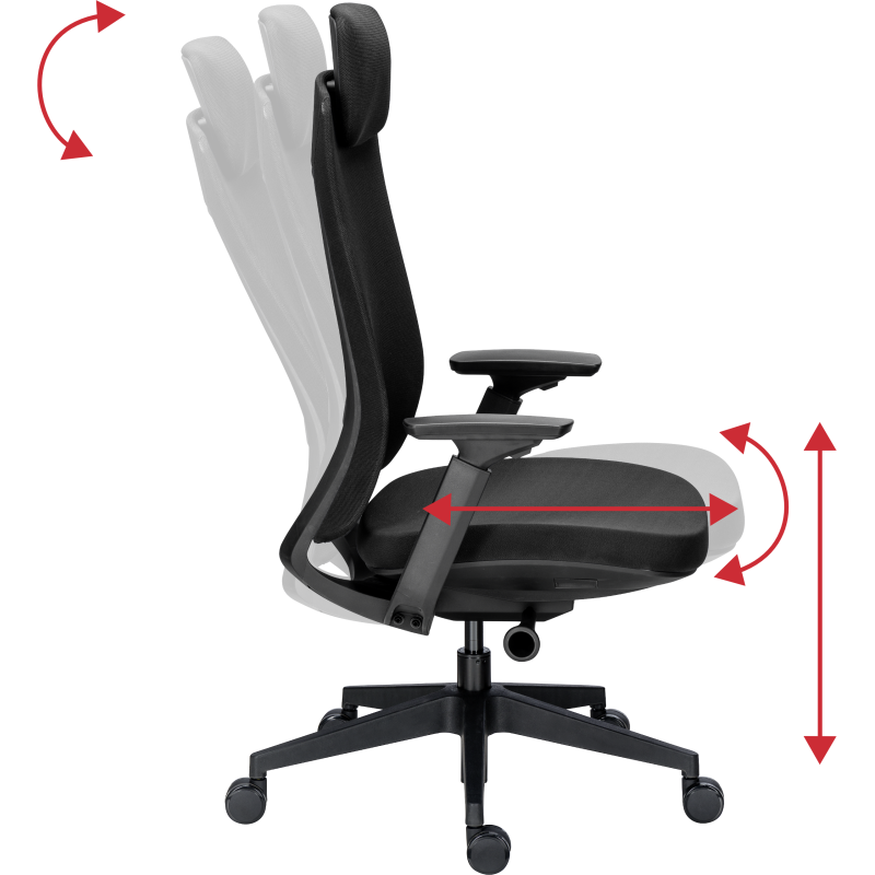 Chaise de bureau MARCUS tissu et maille - avec accoudoirs, appui-tête, réglage profondeur d'assise et soutien lombaire - Mécanisme Synchrone - Pieds noir