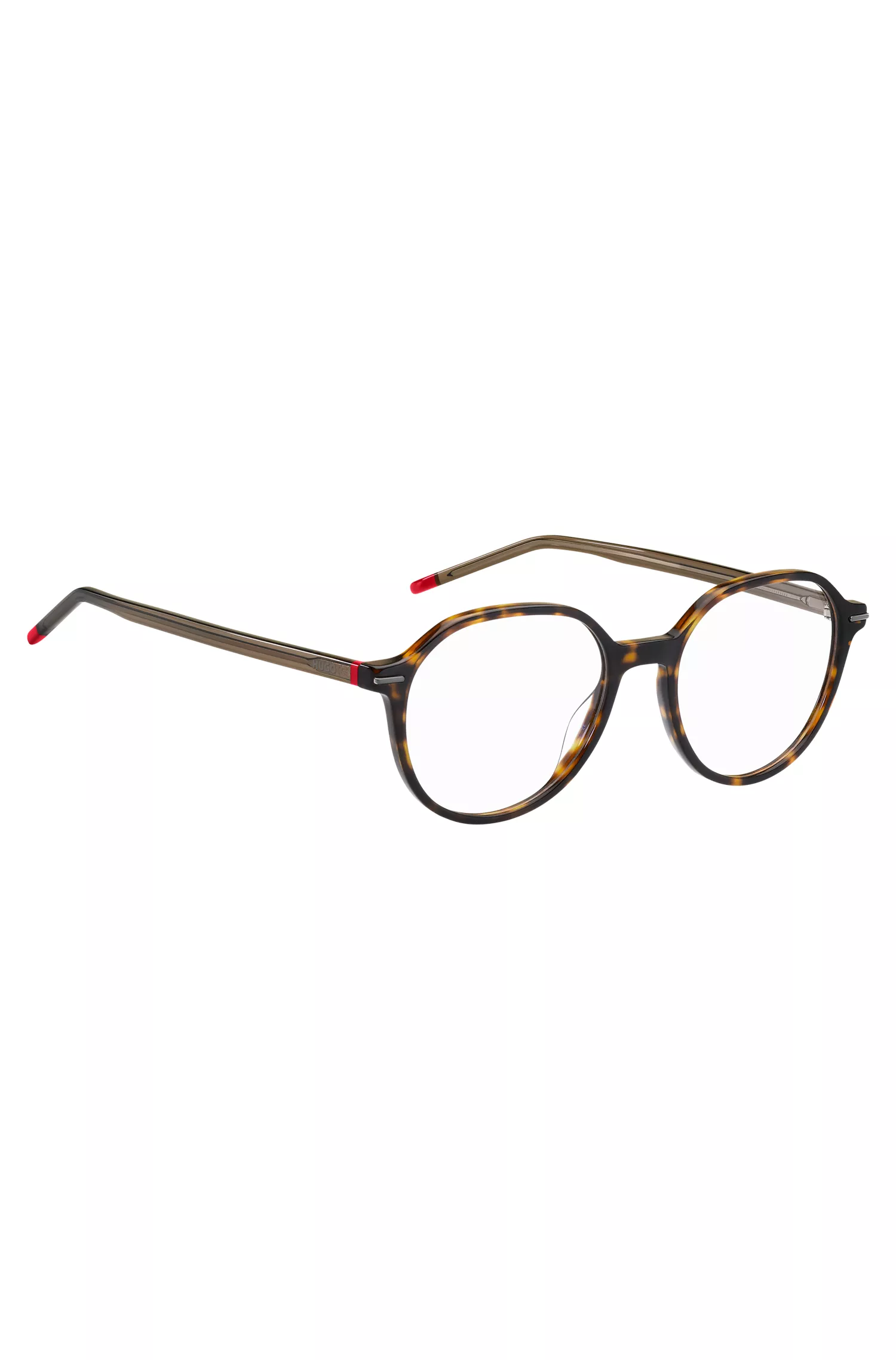 Armação de óculos HUGO em acetato vermelho Havana com detalhes em vermelho.