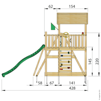Speeltoestel Jungle Gym Chalet grenen geïmpregneerd met glijbaan donker groen en 1-schommel module