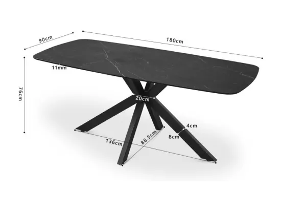 Table à manger VINCI longueur 180cm avec plateau de 10mm en pierre effet marbre noir