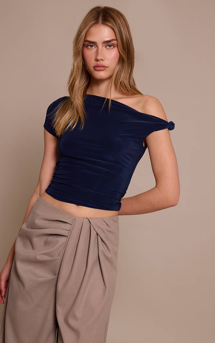 Bleu Marine Haut Long Asymétrique Double Couche En Tissu Slinky Avec Détail Nœud