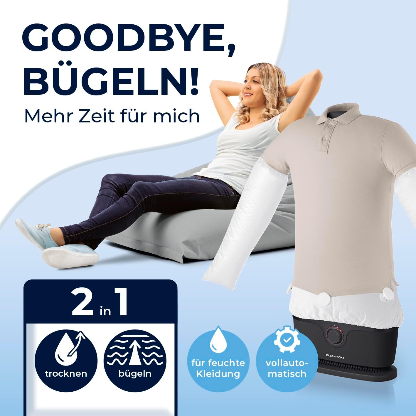 CLEANmaxx automatischer Hemdenbügler PRO mit Hosenaufsatz | Ersetzt Bügeleisen, Dampfglätter, Steamer | Bügelgerät mit Bügelpuppe für Hemden, Blusen & Hosen | Innovativ & effizient