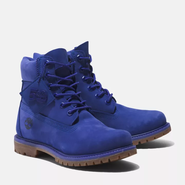 Bota Timberland Premium de 6 polegadas impermeável, edição 50, para mulheres, na cor azul.
