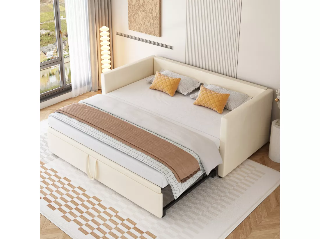 Lit gigogne 90/180x200 cm - lit capitonné Canapé - lit extensible avec sommiers à lattes - lit multifonctionnel en tissu velours agréable à la peau - Beige