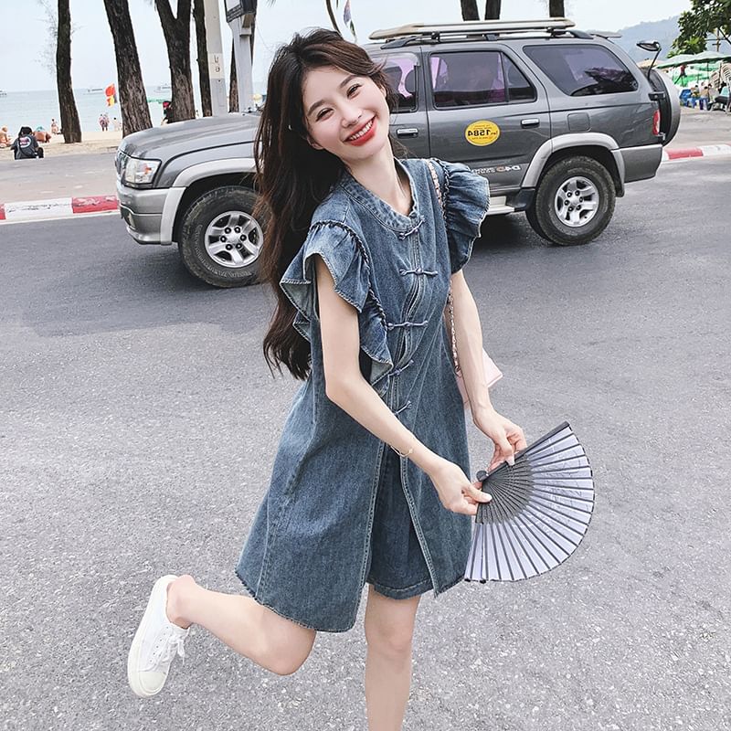 Ango - Set: Denim top met kapmouwen, kikkermotief en knopen + shorts