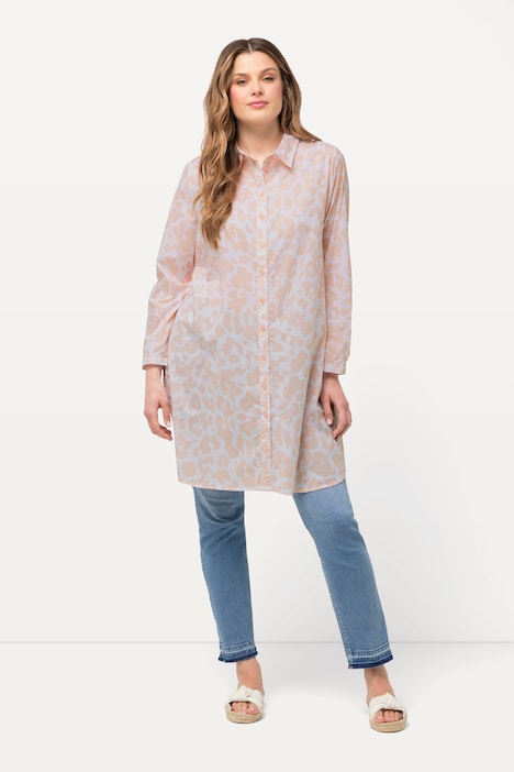 Longbluse, Leomuster, A-Linie, Hemdkragen, Langarm