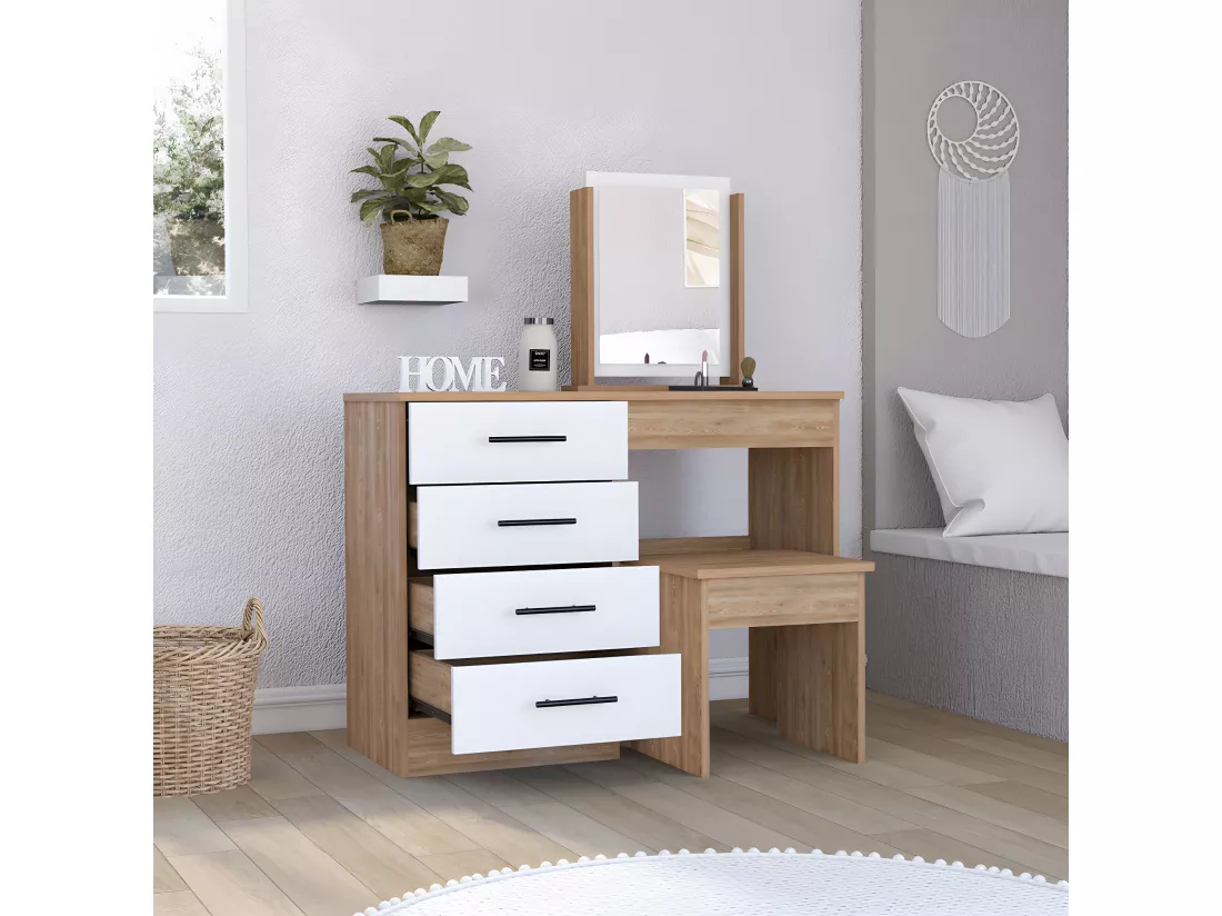 Table de maquillage de miroir Kaia avec 4 tiroirs et siège inclus 126,7 cm à x 100 cm L x 42,5 cm P, blanc / gris
