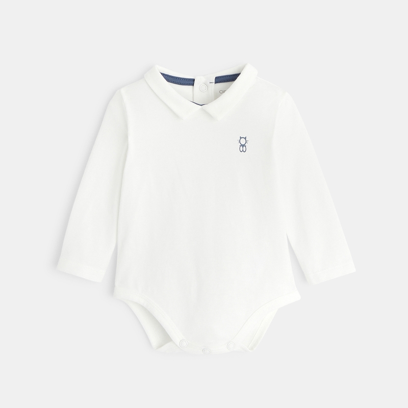Salopette maille fantaisie et body col polo bleue naissance
