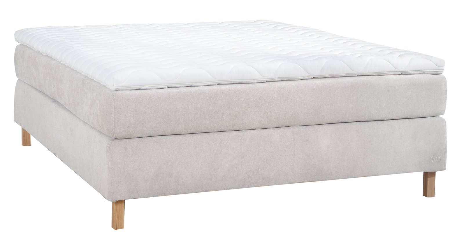 Premium 10 Kontinental 150x200 cm Tesktil Cloud 08 beige, fast/fast, XOV Premium 10 overmadrass og firkantede hvitoljede eikeben 15 cm, gavl selges separate