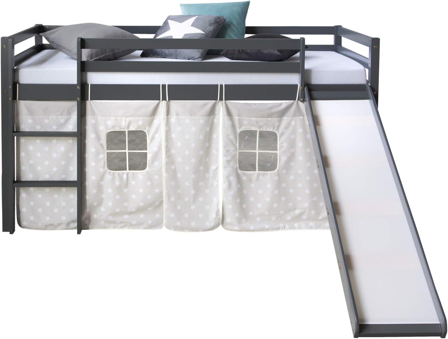 Homestyle4u Kinderbett Hochbett 90x200 Grau mit Rutsche & Leiter, Kinderhochbett stabil aus Massivholz Kiefer, Vorhang mit Sternen, Etagenbett Kinderzimmer | Artikel 1871