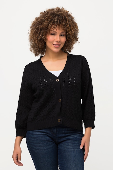 Strickjacke, Zopf-/Ajourmuster, V-Ausschnitt, 3/4-Arm