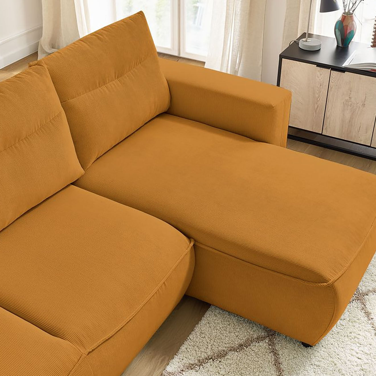 Bobochic Canapé d'angle droit convertible coffre jasmin velours côtelé jaune - 256x158x90 cm