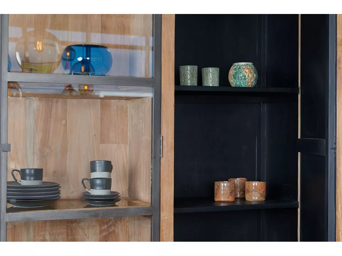 Buffet vaisselier en bois recyclé 3 portes 4 tiroirs éclairage LED - LINAS