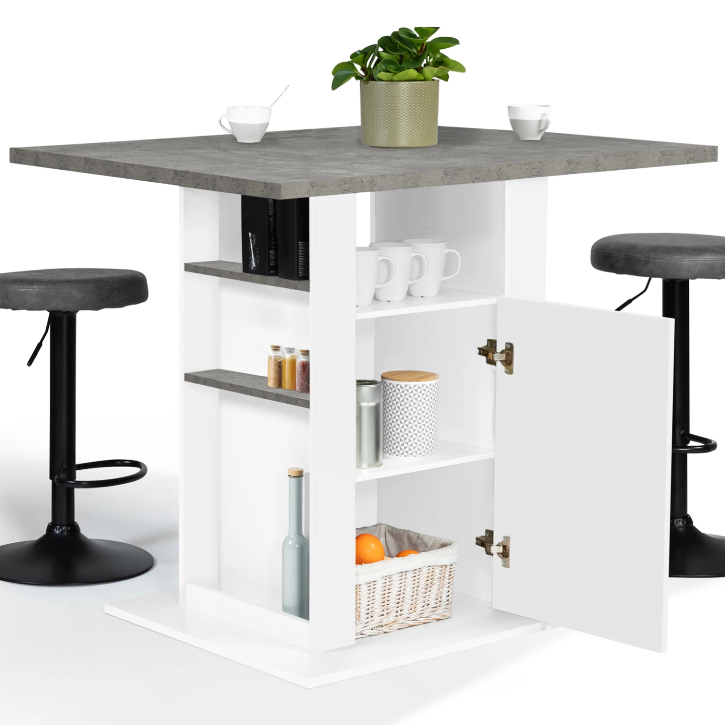 Ilot central UGO 110 cm plateau effet béton et blanc avec rangements