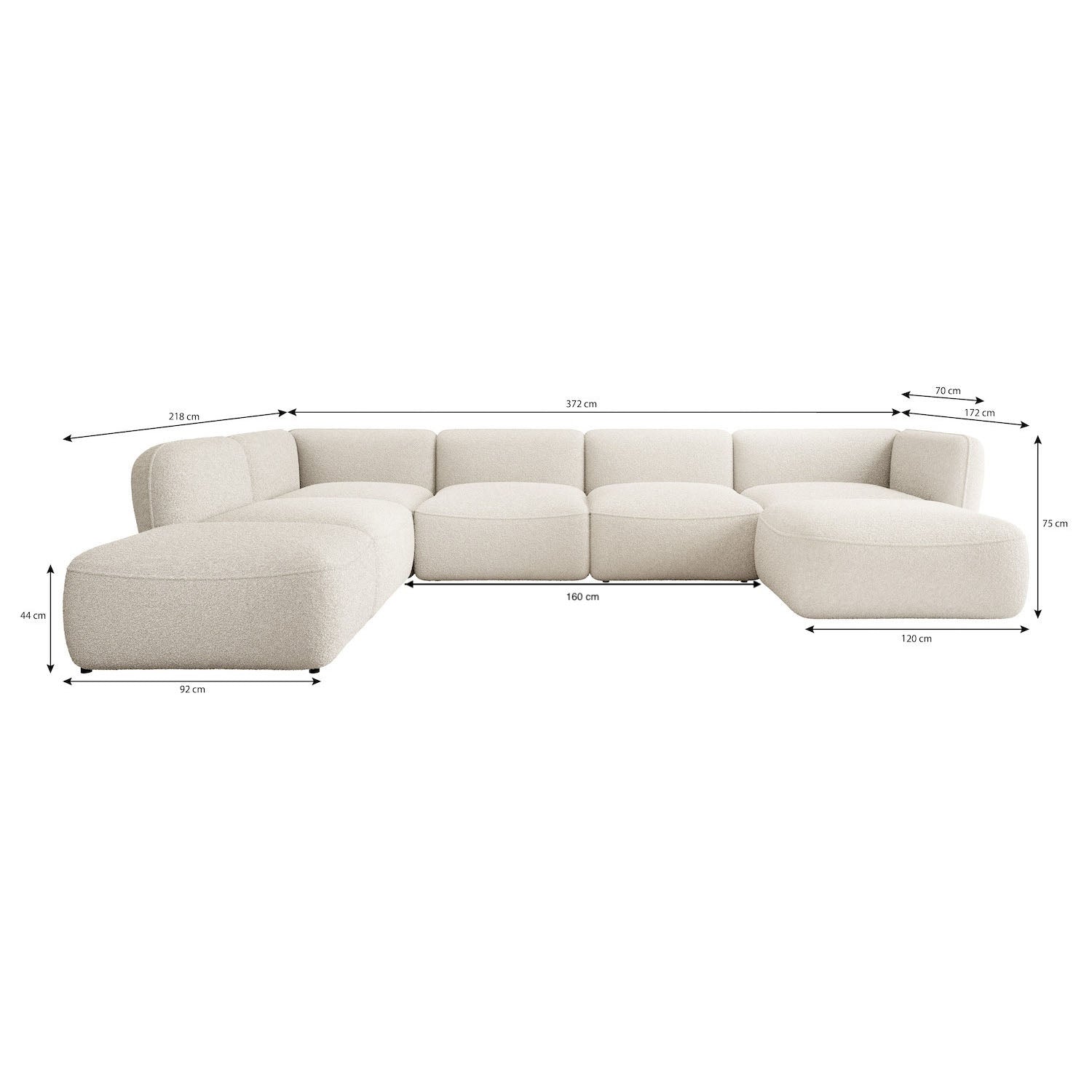 Caesar - Hoekbank 5-zits met chaise longue - Teddystof beige - Links - 372x218x75 cm