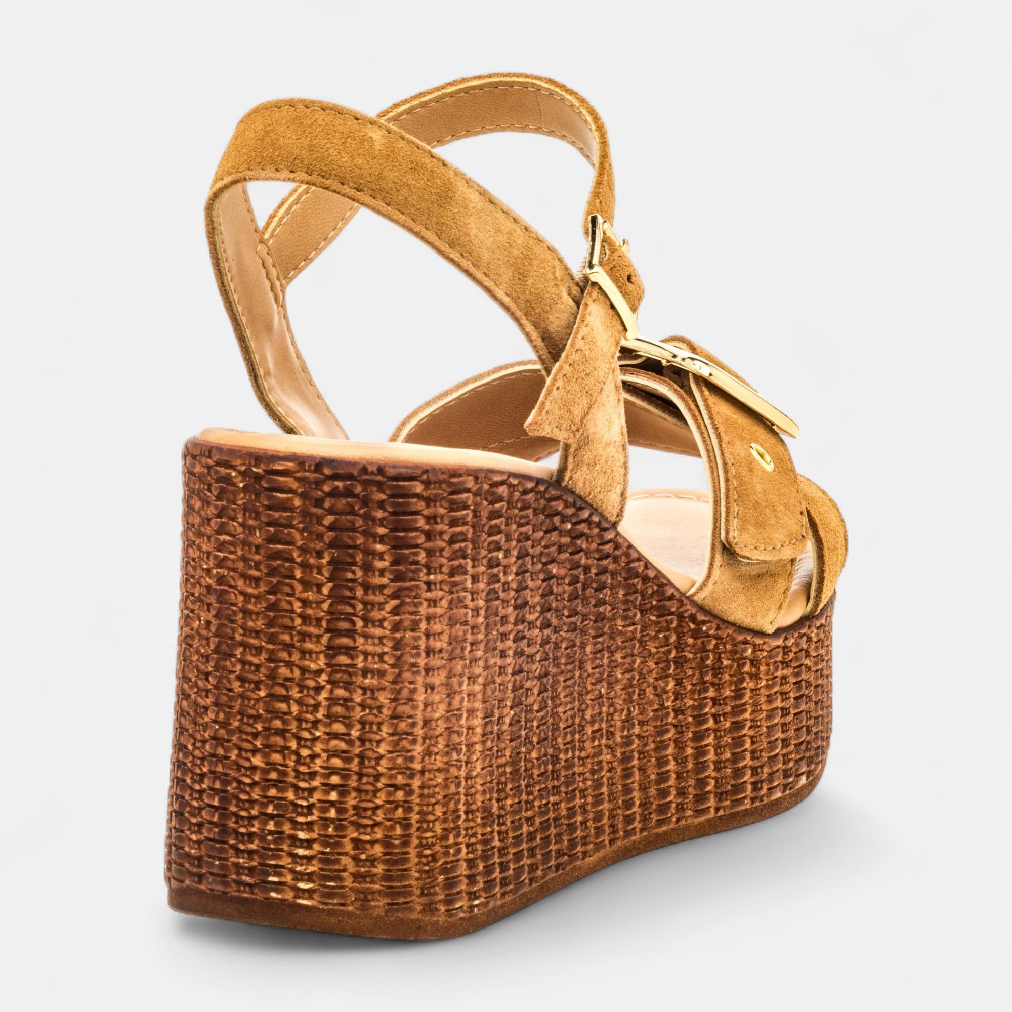 Nu-pieds à talon compensé Femme en cuir camel