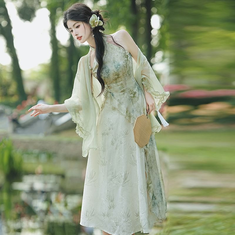 Tangier - Halterhals geprinte maxi A-lijn jurk / licht jasje / set