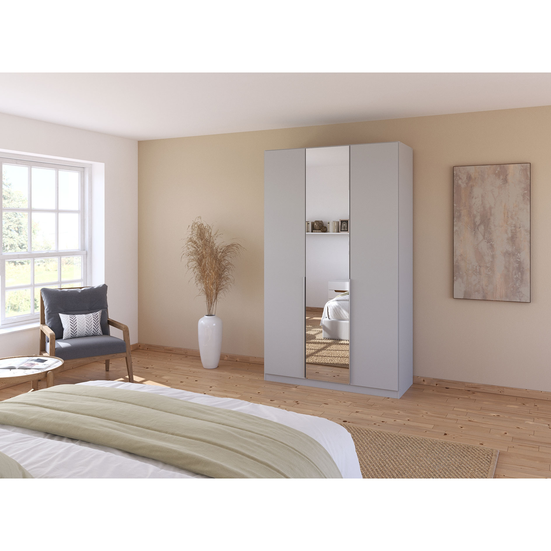 Drehtürenschrank - seidengrau - Kristallglasspiegel - 3-türig - 136x229 cm