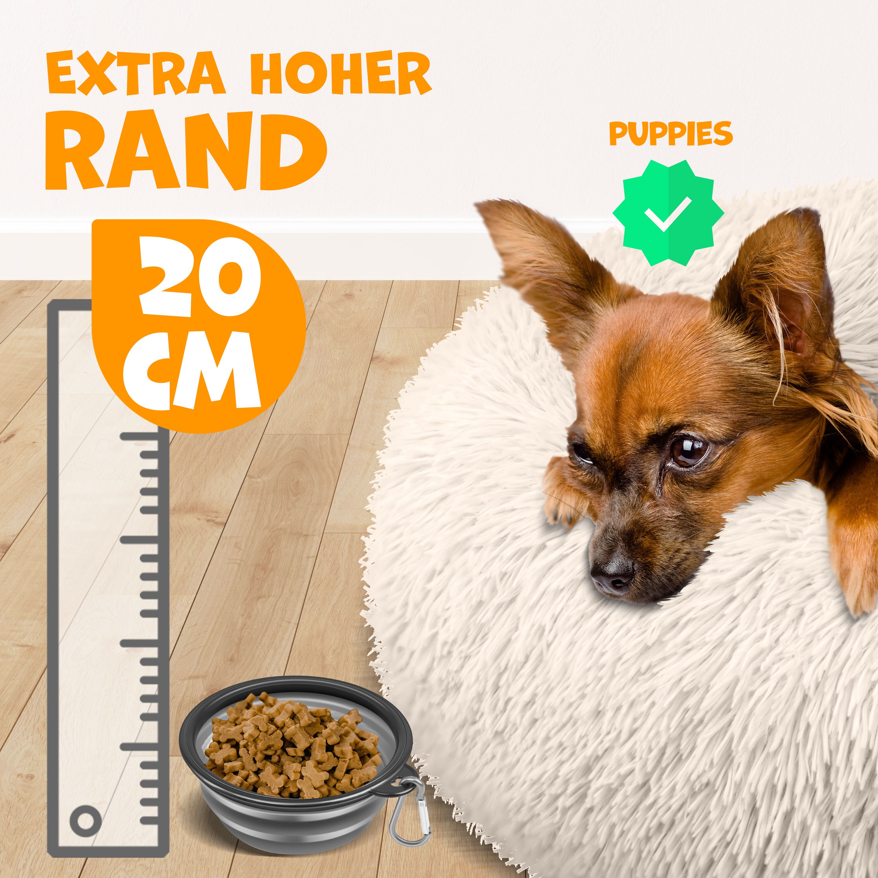 LOVPET® Hundebett Hundekissen Katzenbett Bagel, Waschbar, Inkl. Napf + 3x Kauknochen, Hundesofa flauschig Kissen Rund aus Plüsch für Kleine, Mittelgroße & Große Hunde, Katzen