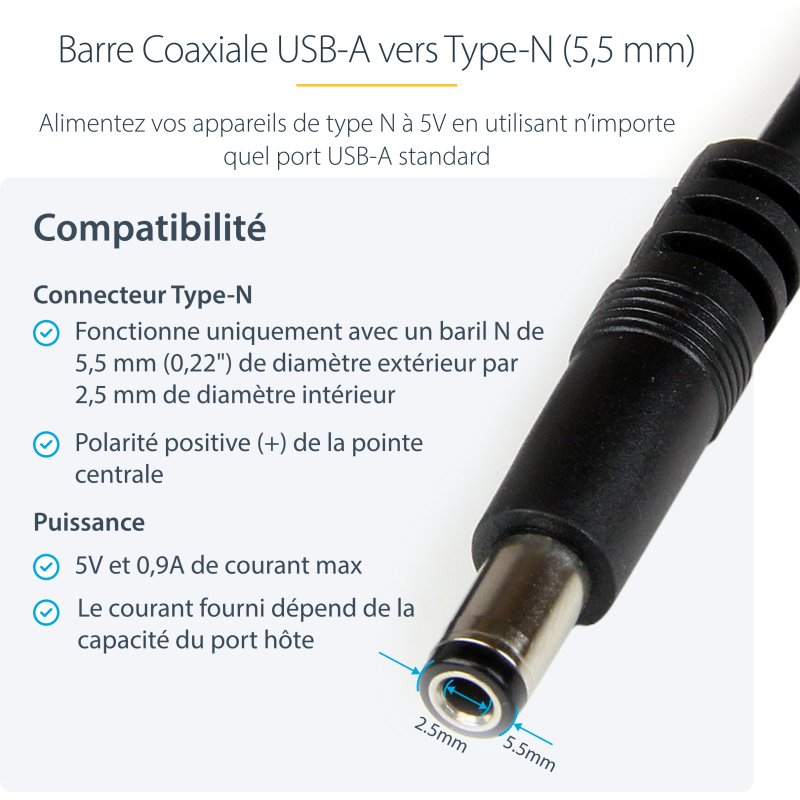 StarTech.com Câble d'alimentation USB vers connecteur annulaire de type N 5 V CC de 1 m - USB A vers V CC de 5,5 mm