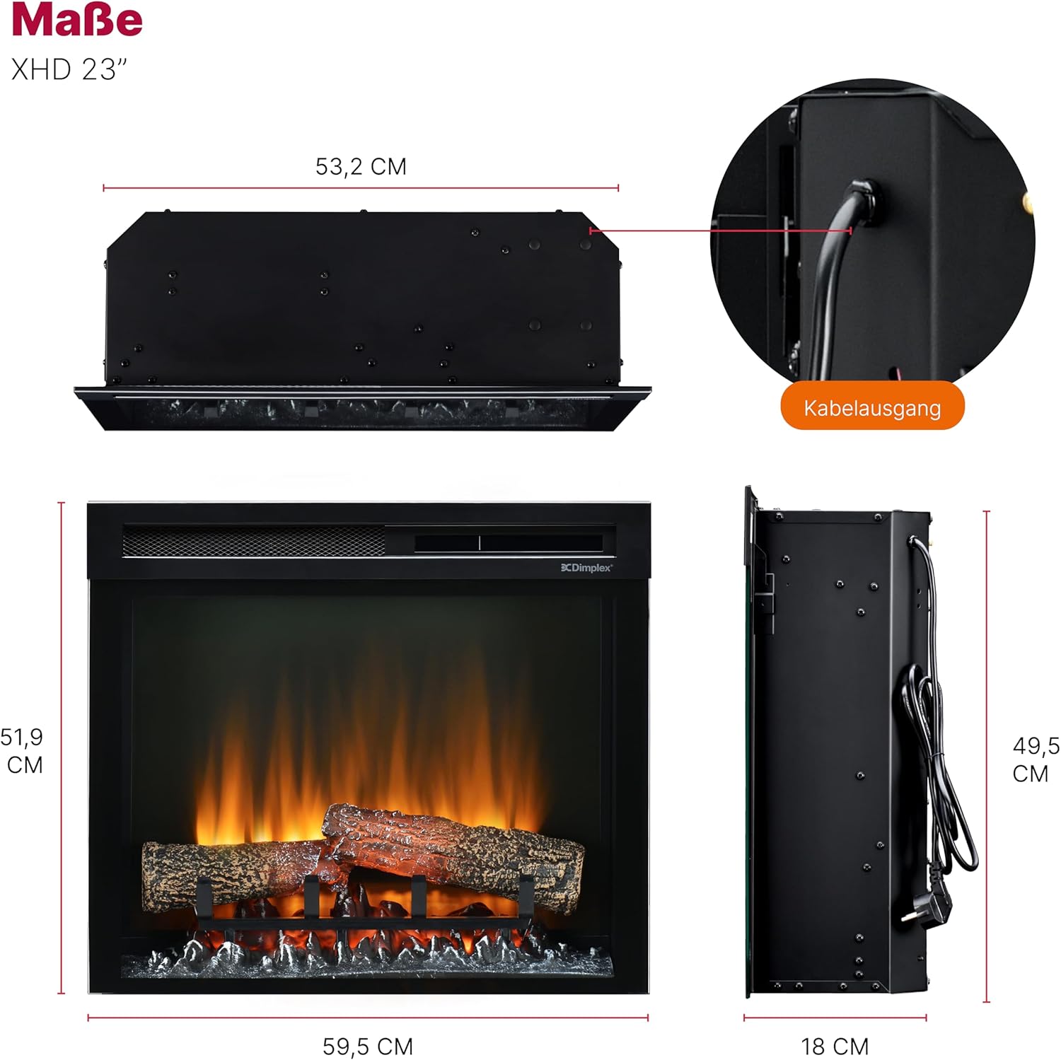 Dimplex XHD 23'' Elektrokamin Einsatz - Wandkamin - Elektrokamin mit Heizung - 1400W - Kamineinsatz Elektrisch mit LED Optiflame Flammeneffekt - Zuschaltbare Heizung - Mit Fernbedienung