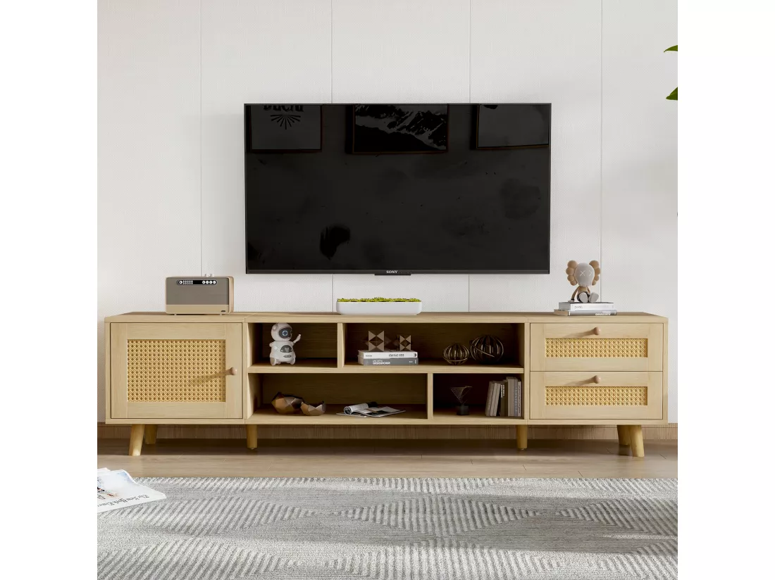 Meuble TV, Banc TV 160 cm avec 2 tiroirs, 1 porte & 4 compartiments, Pour les TV jusqu'à 70