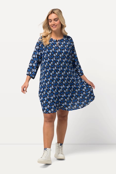 Plissee-Minikleid, Blüten, Rüschen-Stehkragen, 3/4-Arm