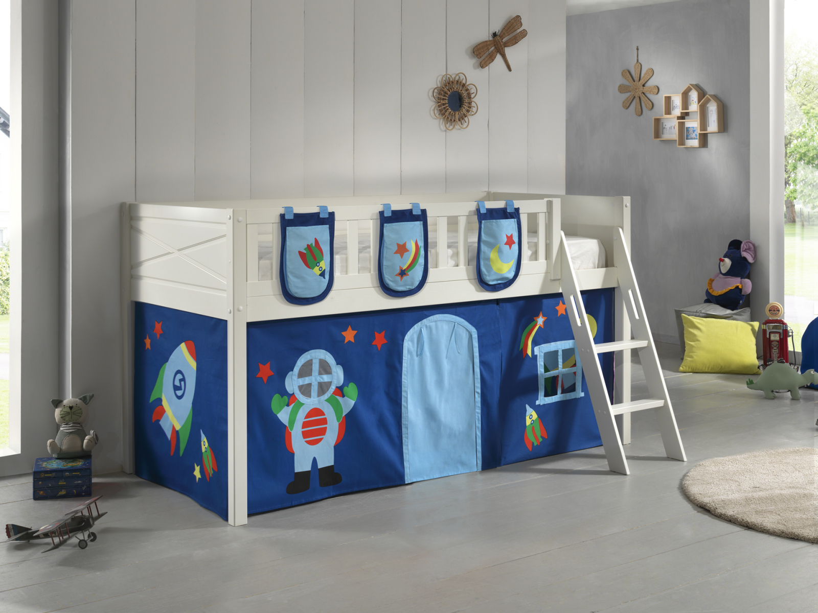 Spielbett SCOTT - weiß - Astro - mit Vorhang, Leiter und Taschen - 90x200 cm