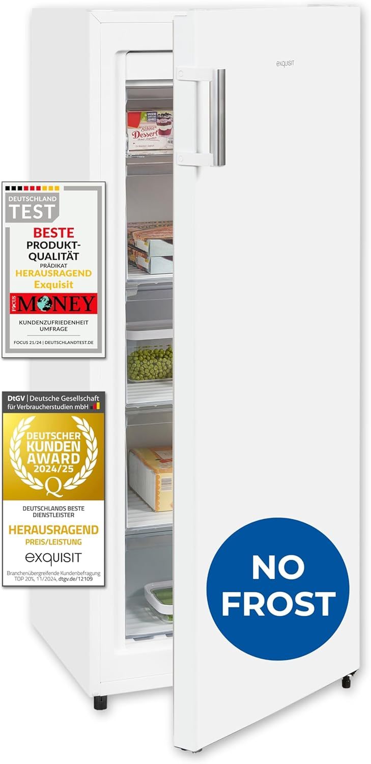 Exquisit Gefrierschrank NoFrost, Tiefkühlschrank groß, 161 Liter, Schnellgefrieren, Alarm-Funktion, GS5231-NF-H-040C weiss