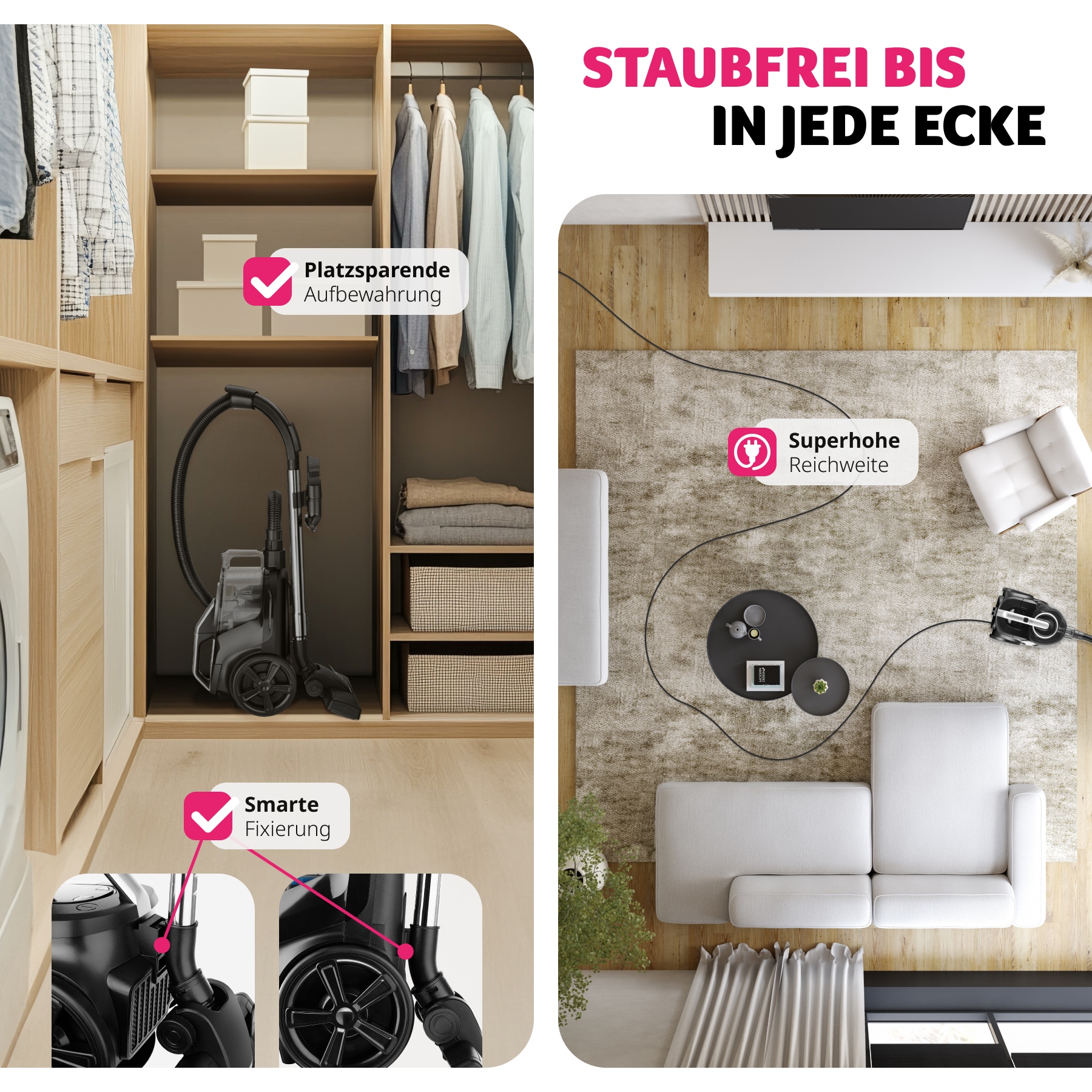 tectake® Staubsauger, 900 W, beutellos, HEPA-Filter, 3 l Staubbehälter, 43 x 27 x 88 - 117 cm