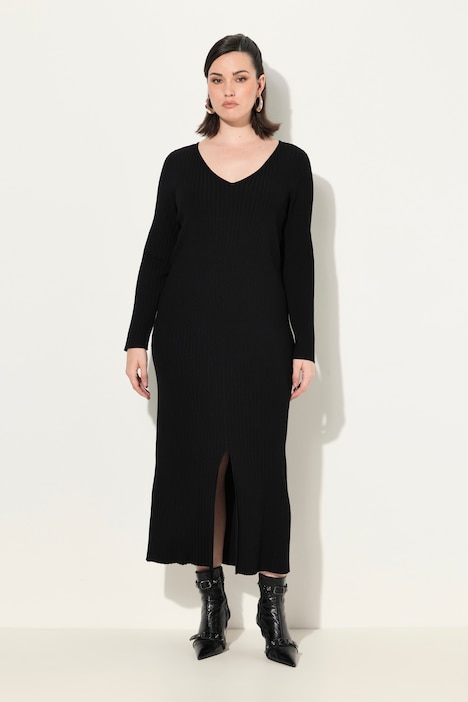 Maxi-Strickkleid, Rippstrick, Slim, V-Ausschnitt, Langarm