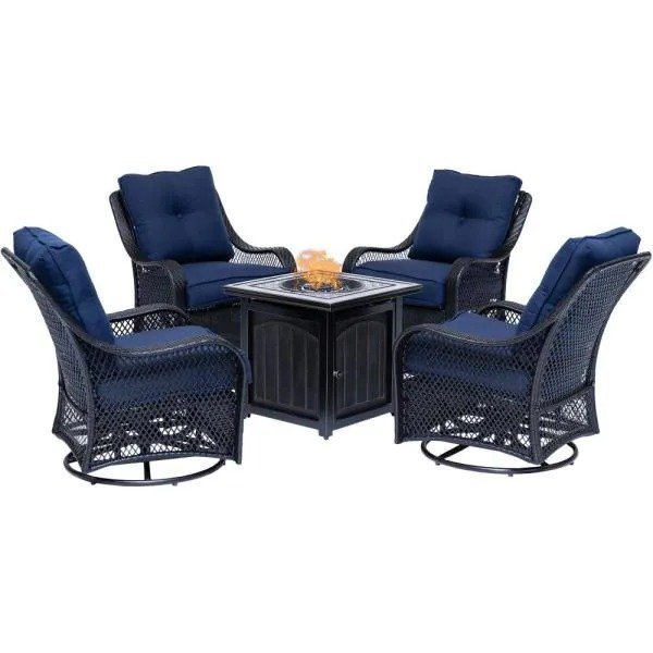 3/5-Piece Steel Patio Fire pit Conversation Set with Sahara Sand Cushions and 26 in. Square Fire pit Side Table