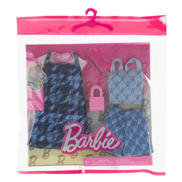 Barbie - Mode 2-pak - Blå Denimkjole, Top og Shorts, Pink Solbriller og Taske