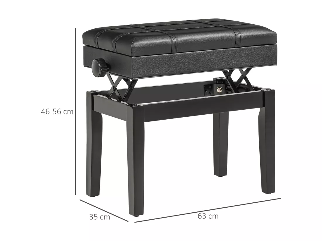 Banquette tabouret siège pour piano coffre intégré hauteur réglable bois hévéa assise revêtement synthétique noir
