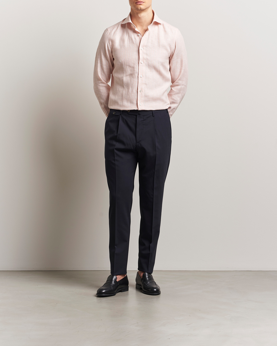 100Hands Cut Away Double Cuff Striped Linen Shirt Pink